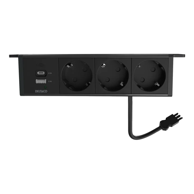 Deltaco underbordskontakt, 3 stikkontakter, A+C USB-lader, svart | 1902244 Deltaco underbordskontakt, 3 stikkontakter, A+C USB-lader, svart | 1902244