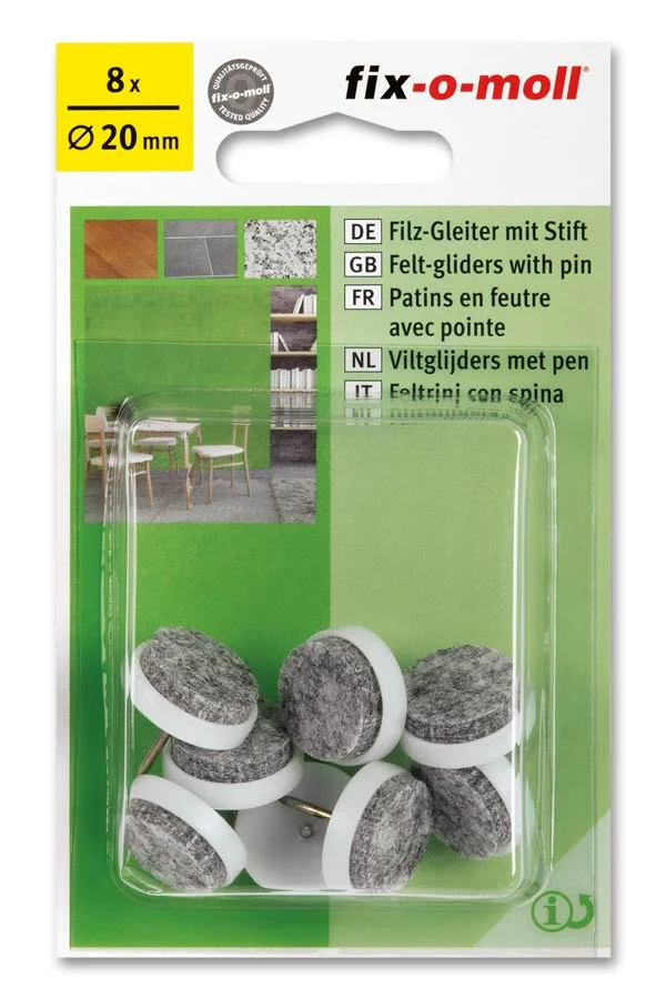Filtknott med stift til stol og bordben ø20mm hvit 8stk v:4662428