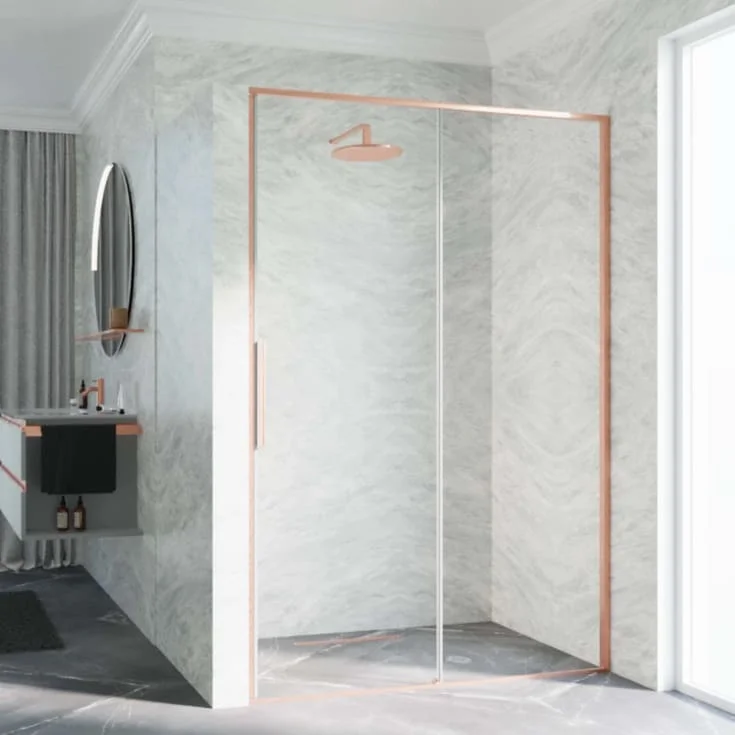 Novellini Riga 2P skyvedør venstre, 149-152 cm, klart glass, børstet kobber profil | RIG2P149S-1R