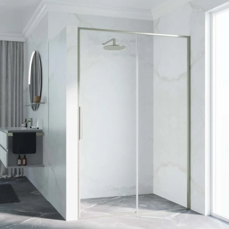 Novellini Riga 2P skyvedør venstre, 119-122 cm, klart glass, børstet stål profil | RIG2P119S-1Z