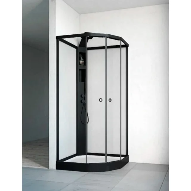 Macro Design Flow dusjkabinett med armatur, 91x91 cm, klart glass, sort profil | DKFSIB99SKL