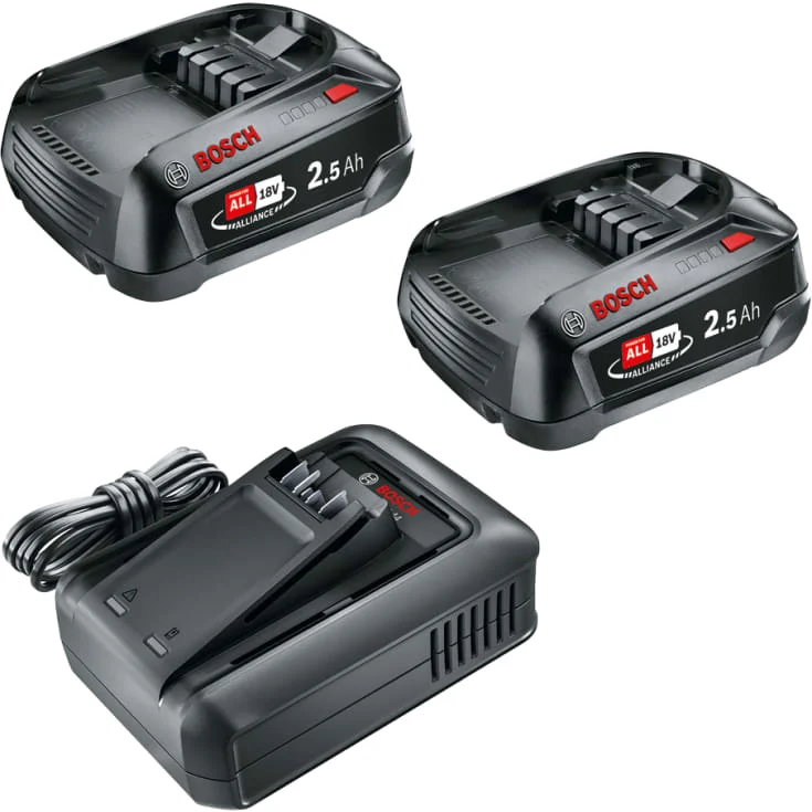 Bosch batterisett, med 2 batterier og 1 lader, 18V 2 x 2,5 Ah | 1600A031T5 Bosch batterisett, med 2 batterier og 1 lader, 18V 2 x 2,5 Ah | 1600A031T5